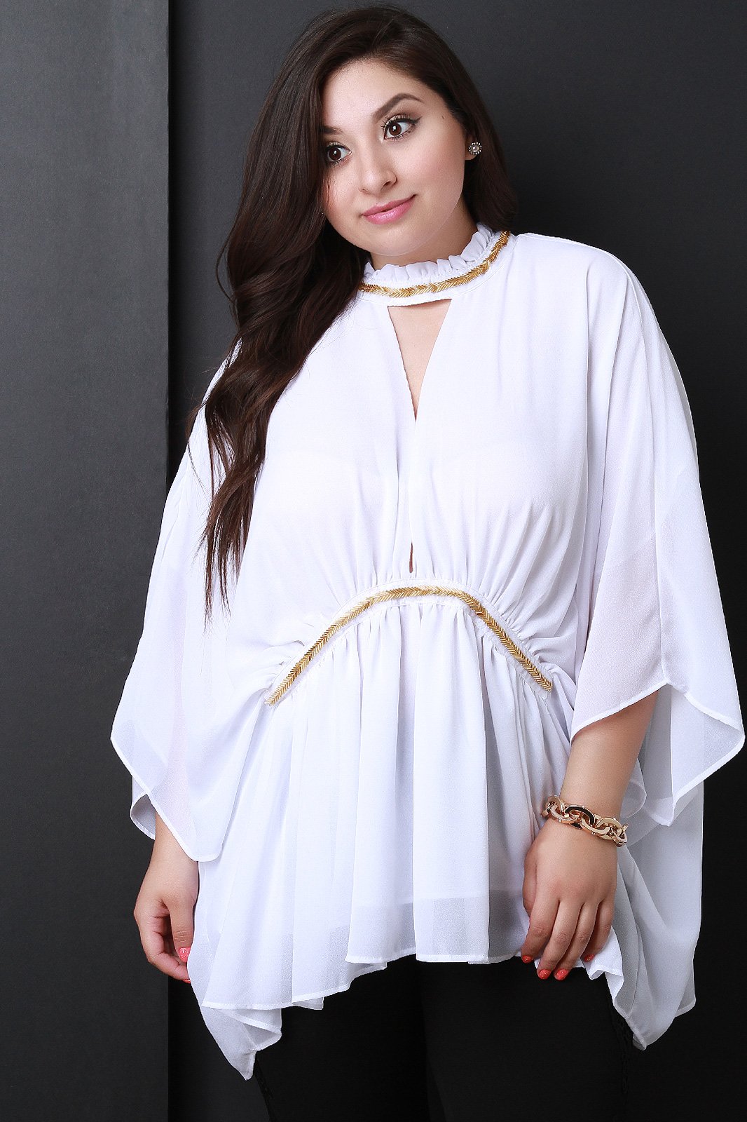 Chiffon Beaded Keyhole Mock Neck Poncho Top
