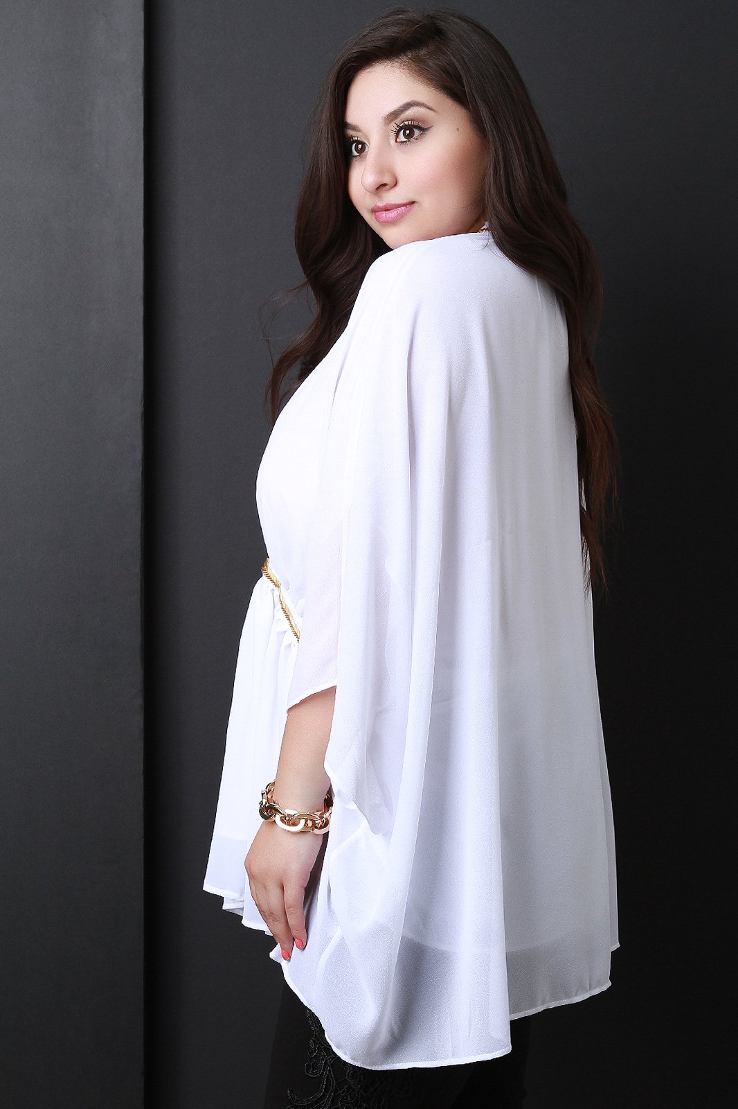 Chiffon Beaded Keyhole Mock Neck Poncho Top