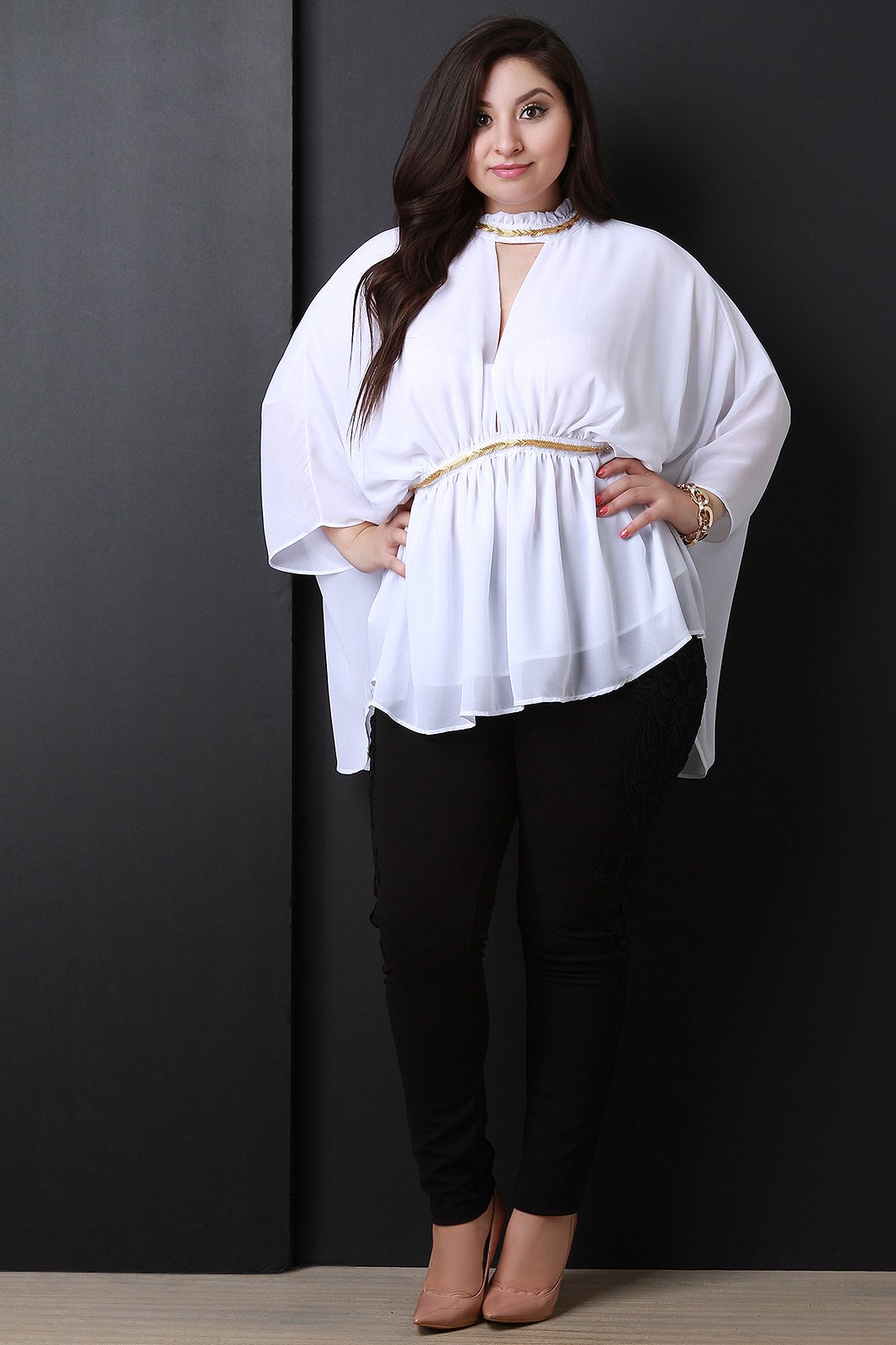 Chiffon Beaded Keyhole Mock Neck Poncho Top