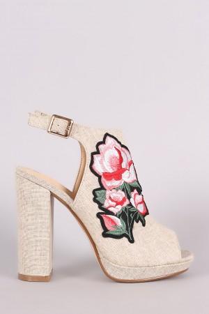 Floral Applique Peep Toe Mule Chunky Heel - NoveltyOne