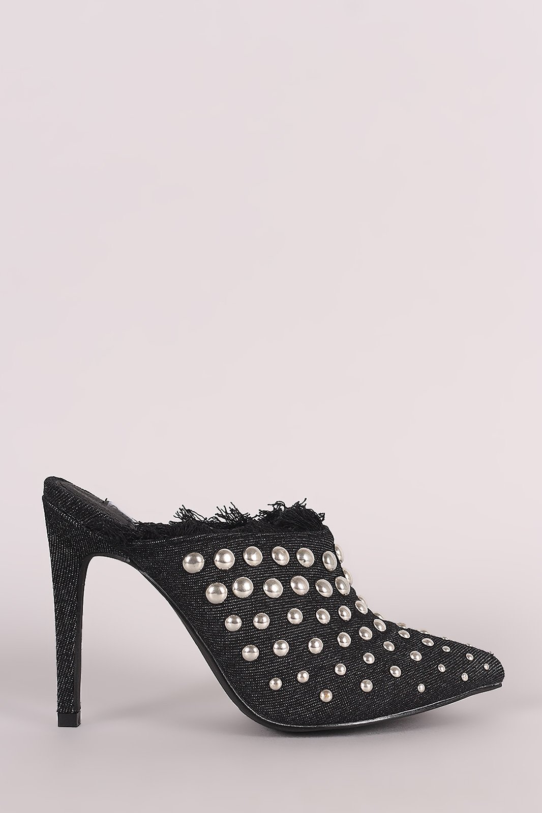 Denim Studded Pointy Toe Fringe Stiletto Mule Heel - NoveltyOne