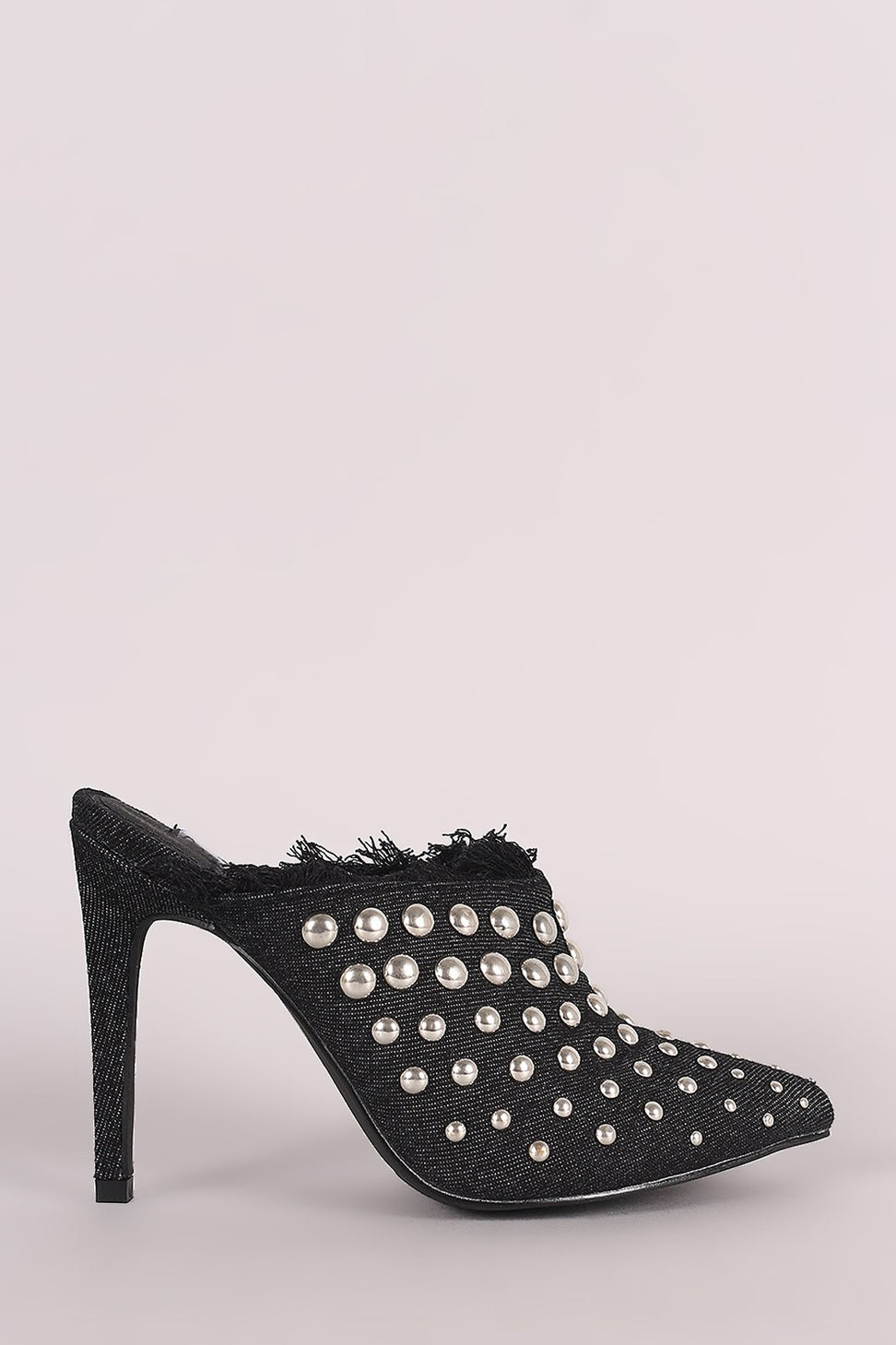 Denim Studded Pointy Toe Fringe Stiletto Mule Heel - NoveltyOne