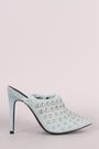 Denim Studded Pointy Toe Fringe Stiletto Mule Heel - NoveltyOne
