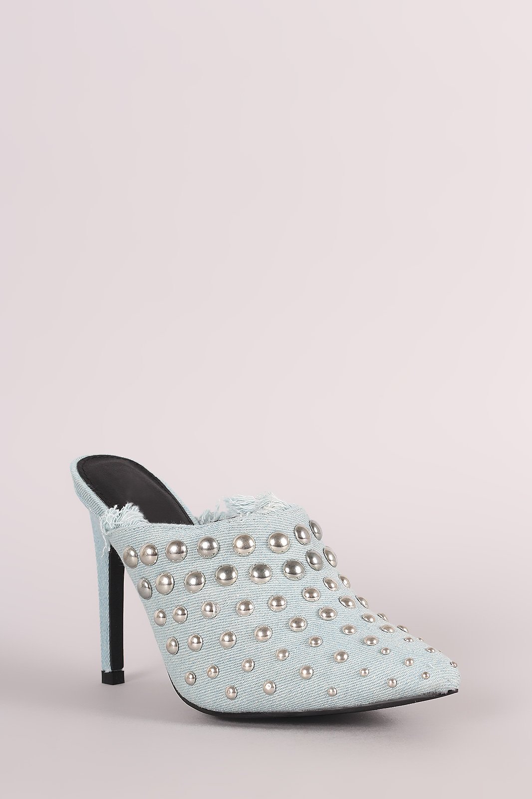 Denim Studded Pointy Toe Fringe Stiletto Mule Heel - NoveltyOne