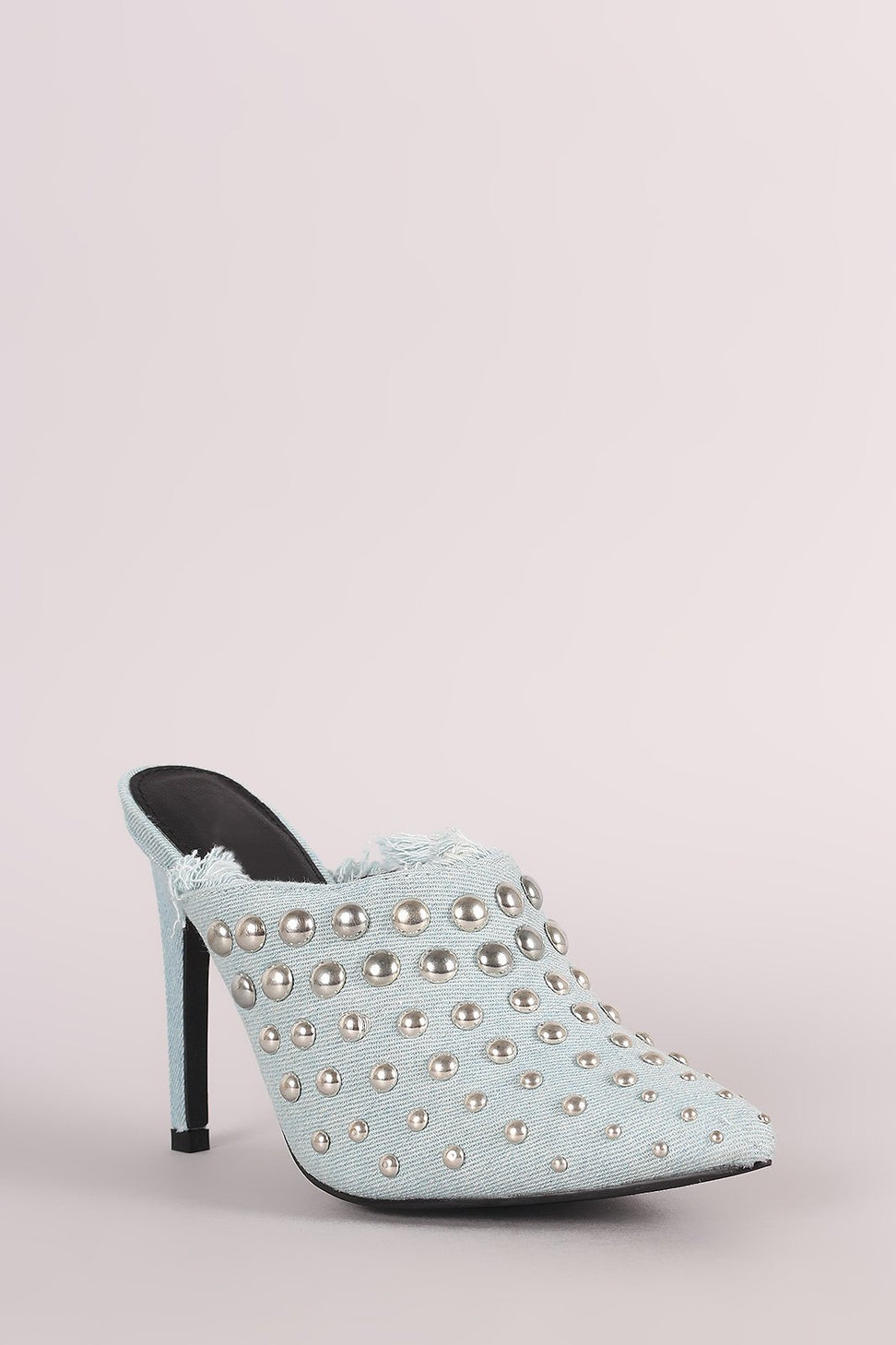 Denim Studded Pointy Toe Fringe Stiletto Mule Heel - NoveltyOne