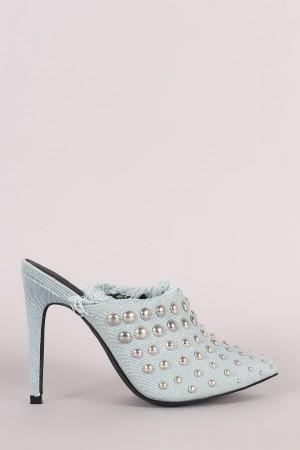 Denim Studded Pointy Toe Fringe Stiletto Mule Heel - NoveltyOne