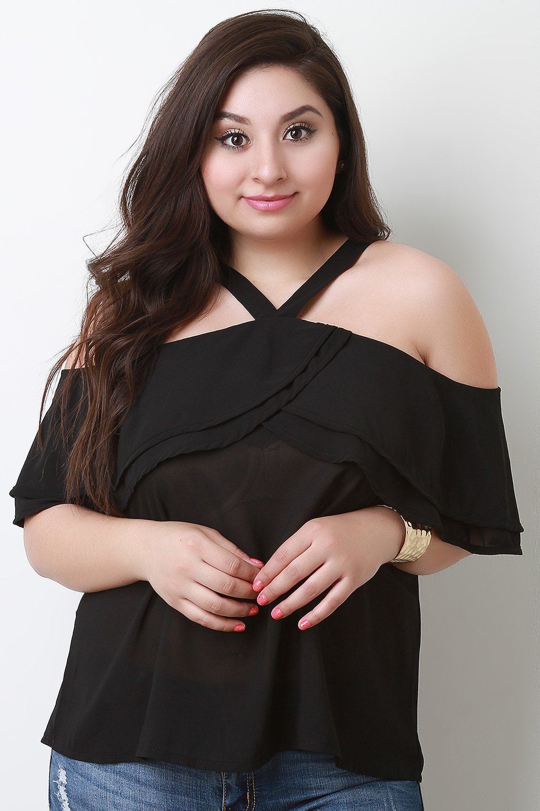 Chiffon Ruffled Cold Shoulder Top
