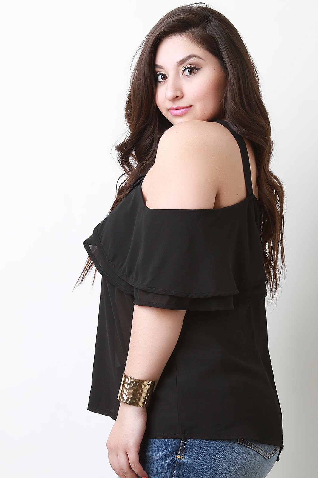 Chiffon Ruffled Cold Shoulder Top