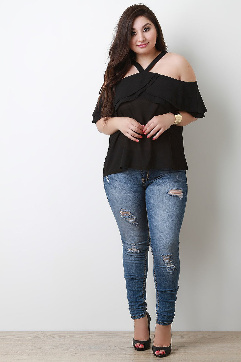 Chiffon Ruffled Cold Shoulder Top
