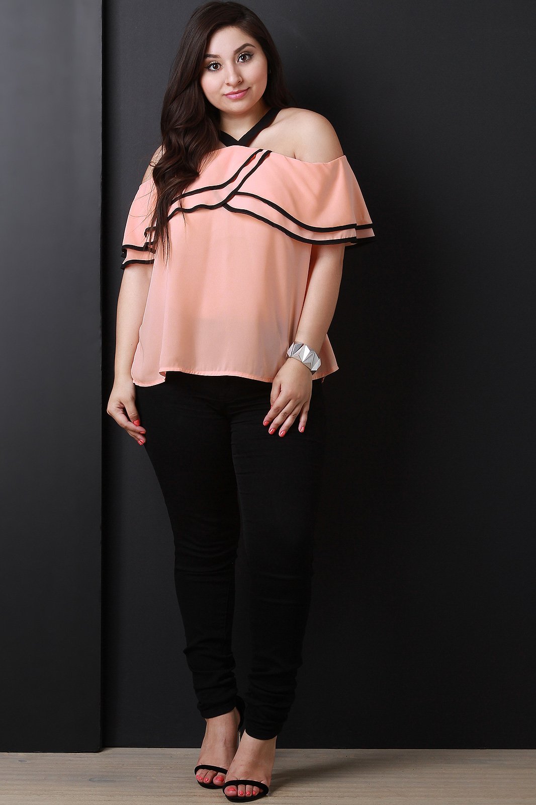 Chiffon Ruffled Cold Shoulder Top