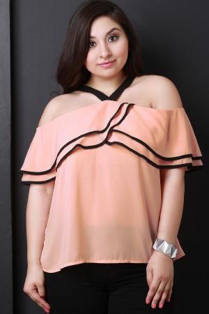 Chiffon Ruffled Cold Shoulder Top