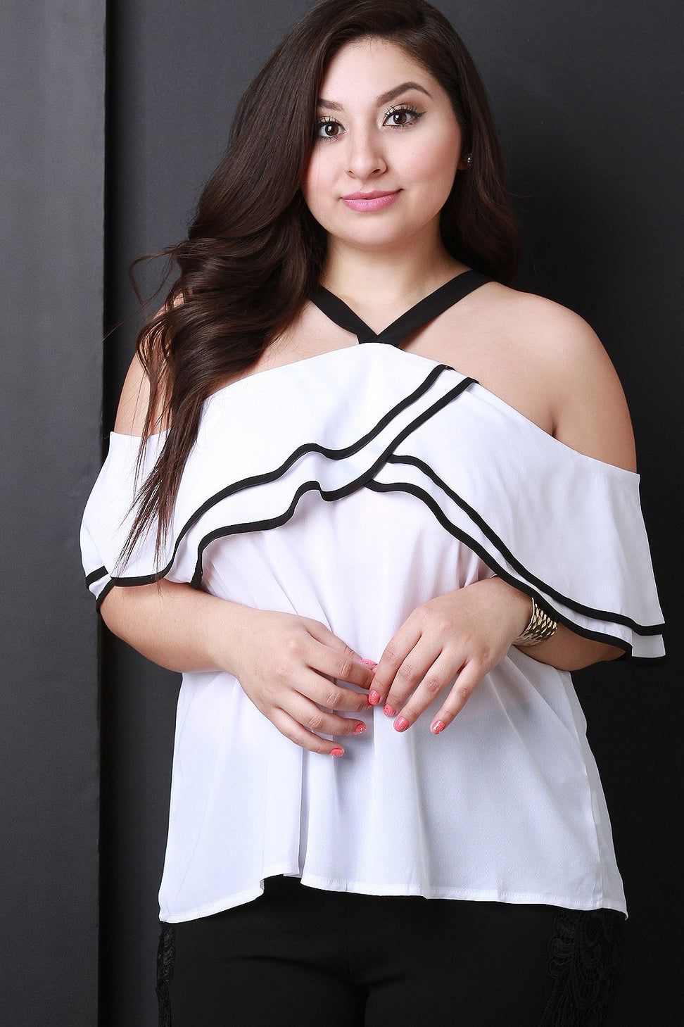 Chiffon Ruffled Cold Shoulder Top