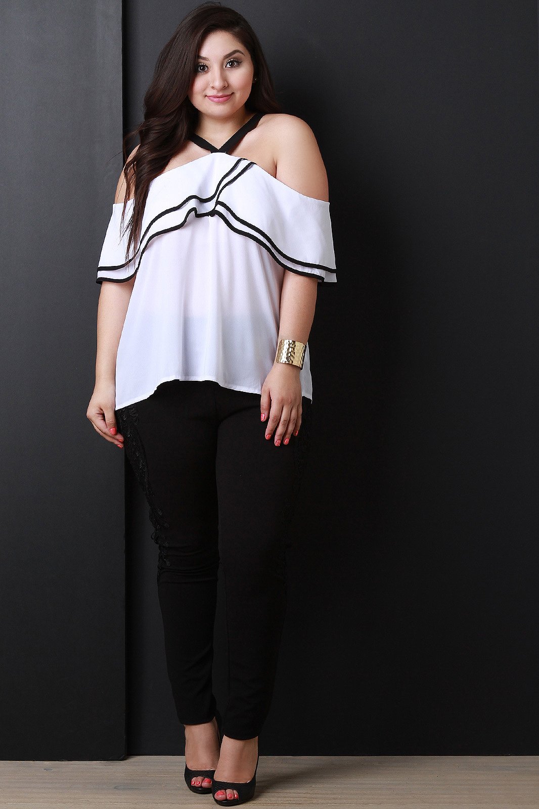 Chiffon Ruffled Cold Shoulder Top