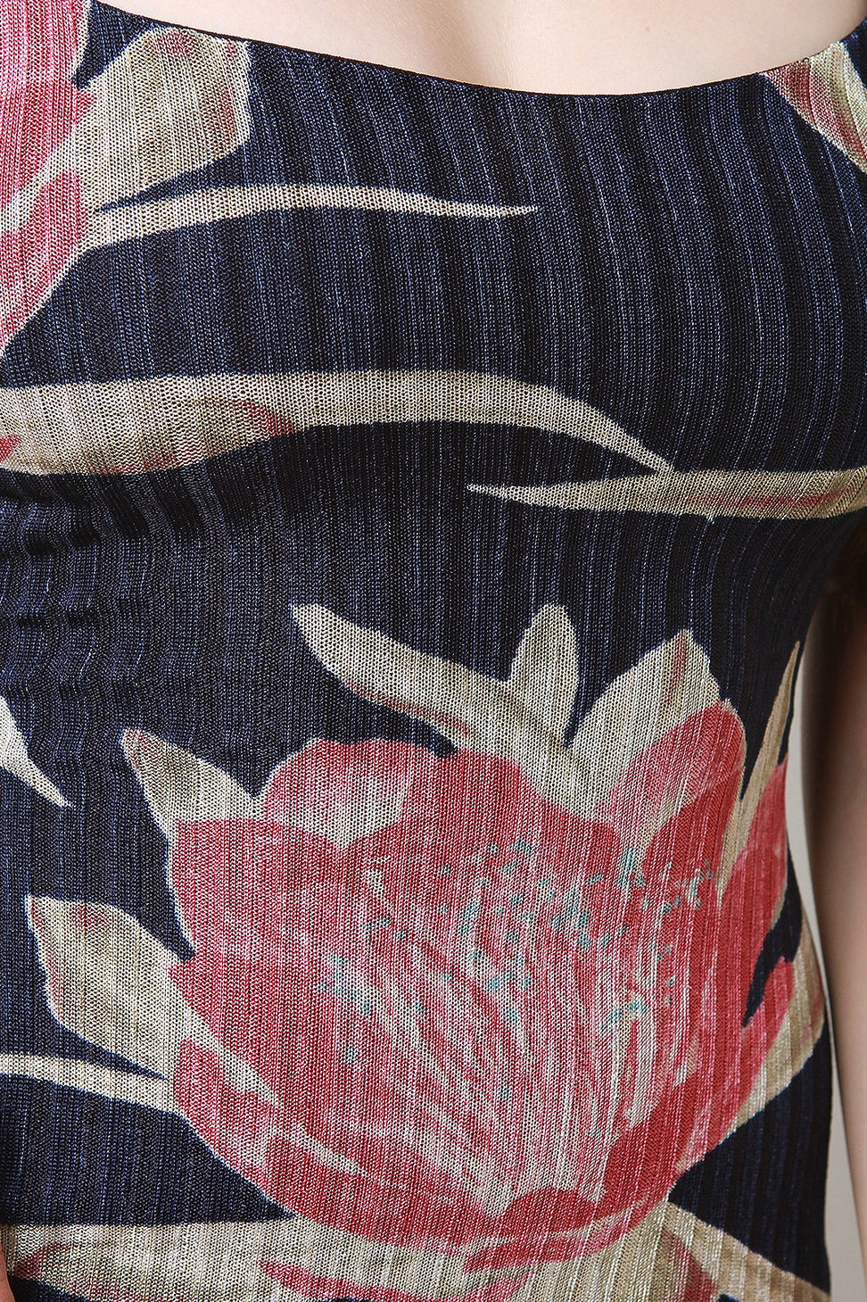 Ribbed Knit Floral Bodycon Dress