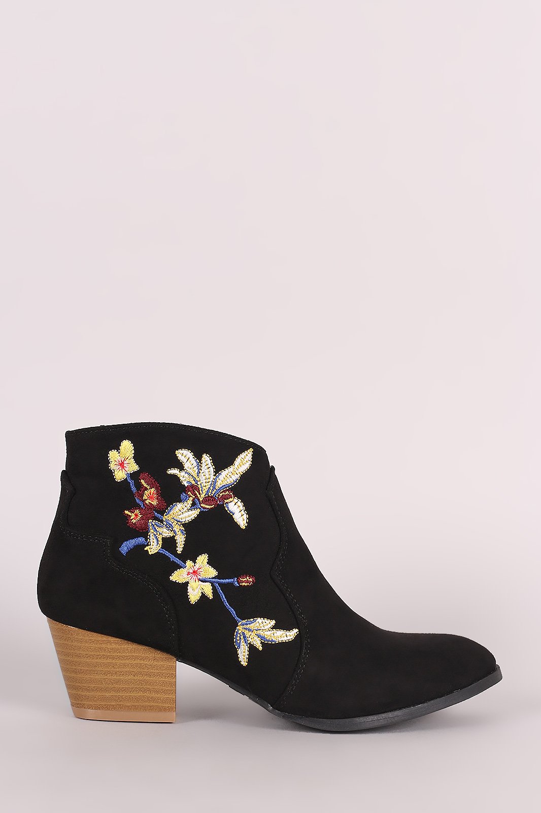 Qupid Suede Floral Embroidered Ankle Boots