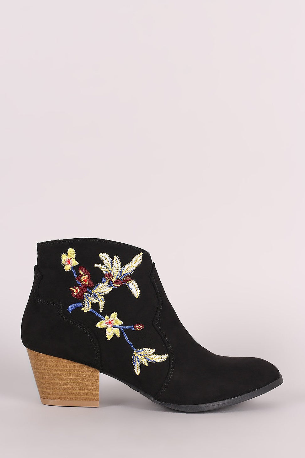 Qupid Suede Floral Embroidered Ankle Boots