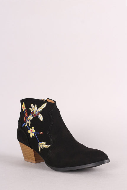 Qupid Suede Floral Embroidered Ankle Boots