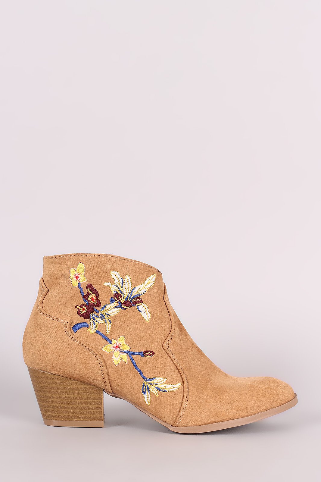 Qupid Suede Floral Embroidered Ankle Boots