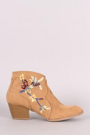 Qupid Suede Floral Embroidered Ankle Boots
