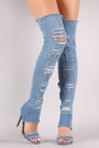 Qupid Distressed Denim Open Toe Over-The-Knee Boots