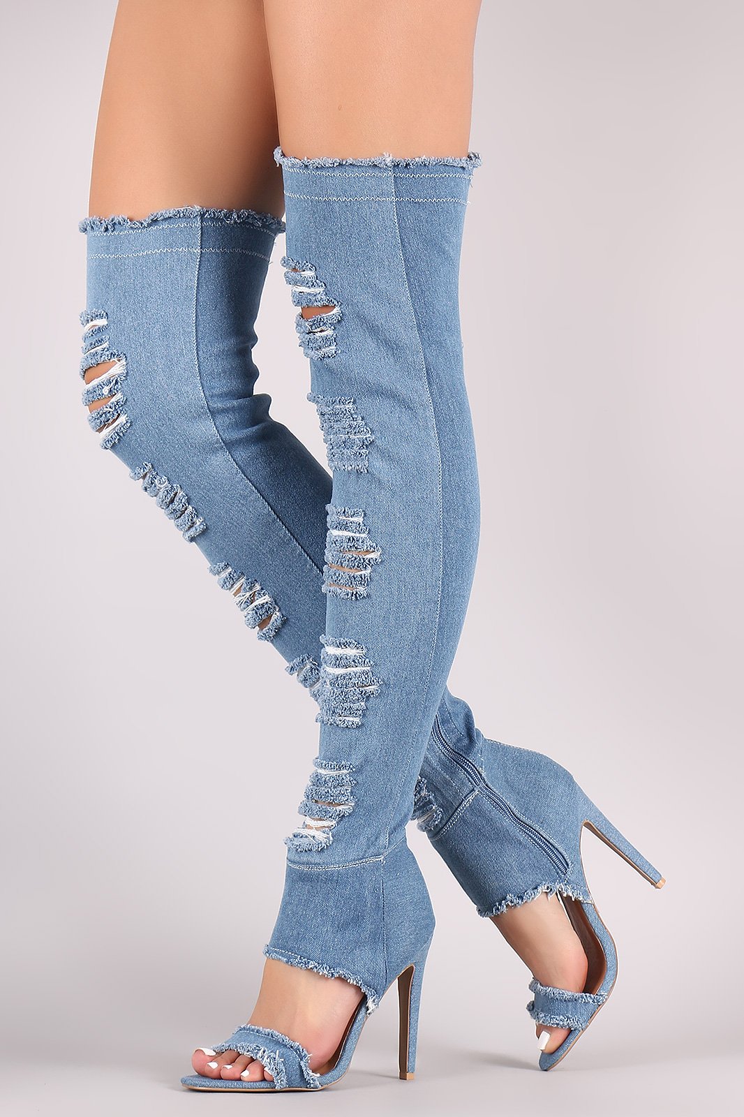 Qupid Distressed Denim Open Toe Over-The-Knee Boots