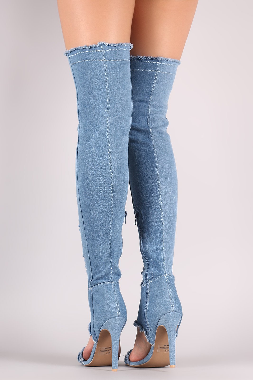 Qupid Distressed Denim Open Toe Over-The-Knee Boots