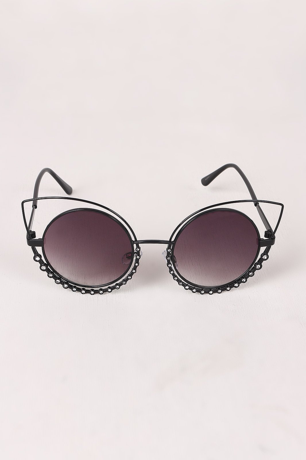 Open Wire Rhinestone Frame Round Cat Eyed Sunglasses