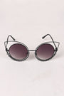Open Wire Rhinestone Frame Round Cat Eyed Sunglasses