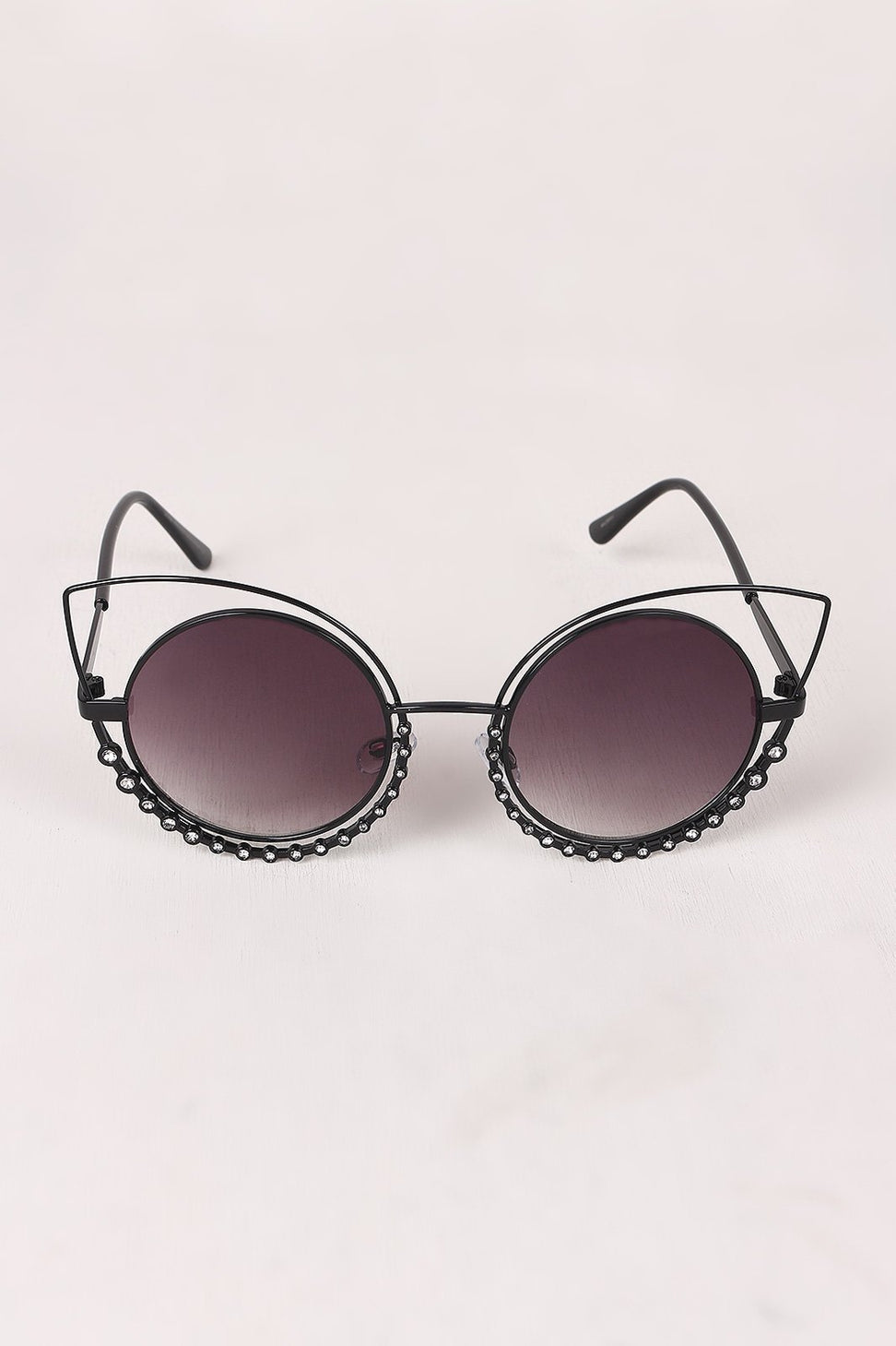 Open Wire Rhinestone Frame Round Cat Eyed Sunglasses