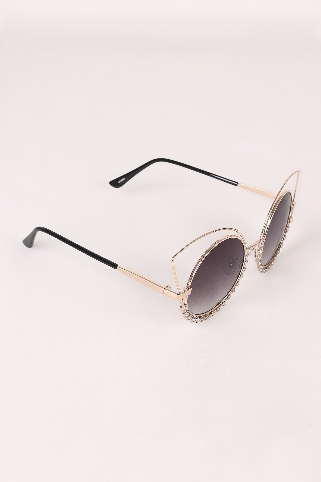 Open Wire Rhinestone Frame Round Cat Eyed Sunglasses