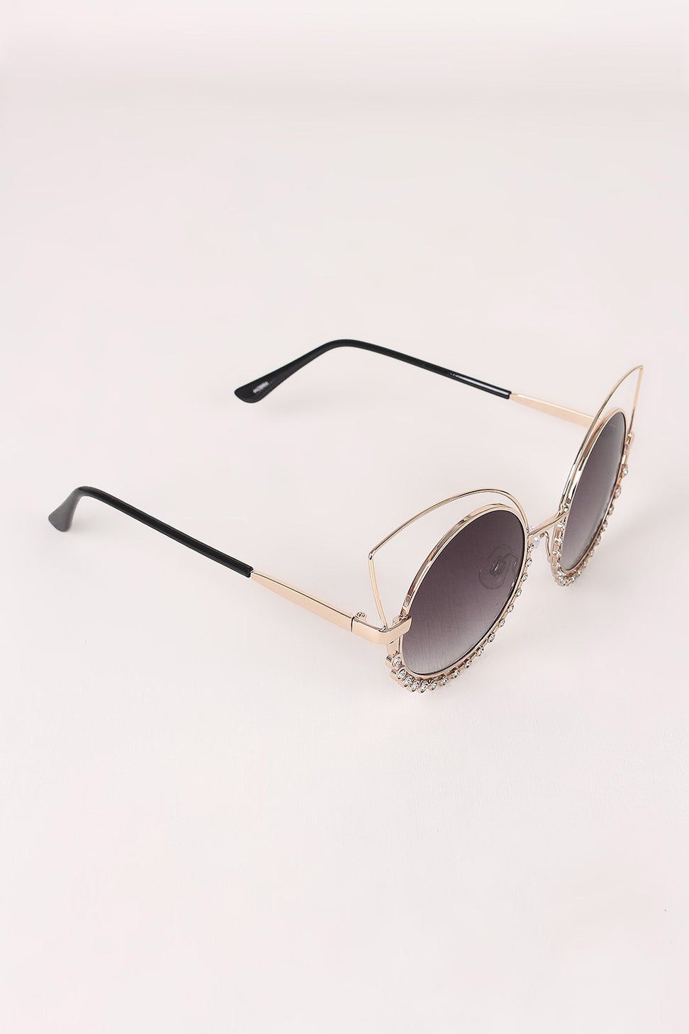 Open Wire Rhinestone Frame Round Cat Eyed Sunglasses