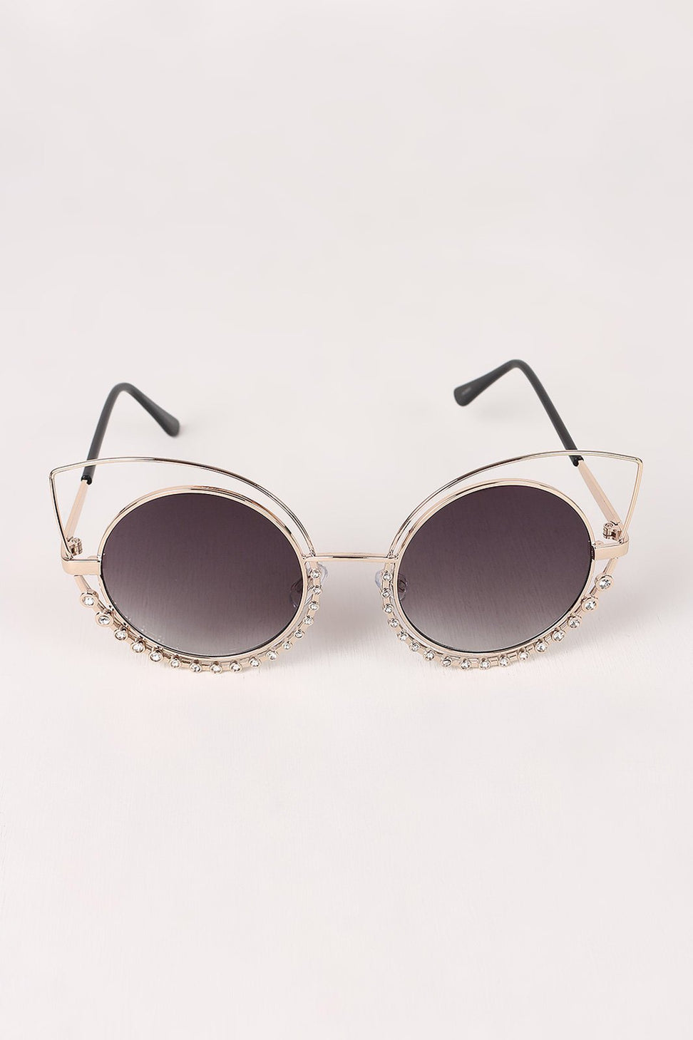 Open Wire Rhinestone Frame Round Cat Eyed Sunglasses