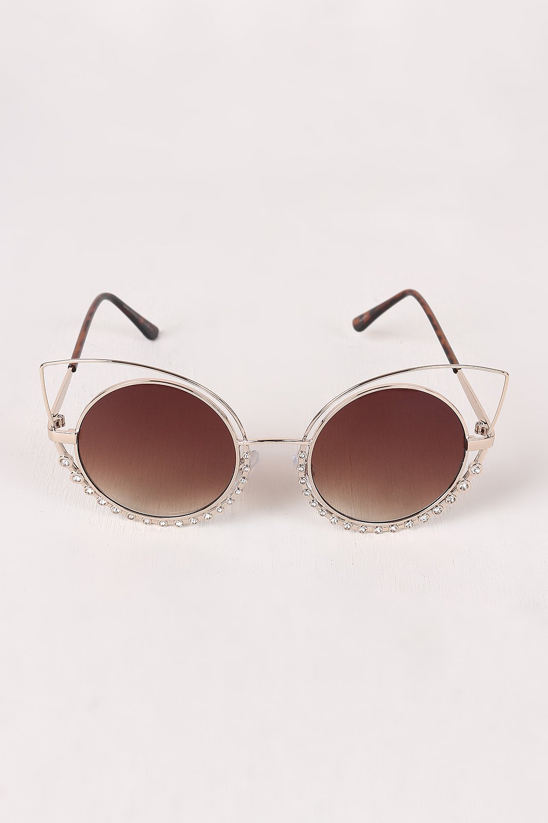Open Wire Rhinestone Frame Round Cat Eyed Sunglasses