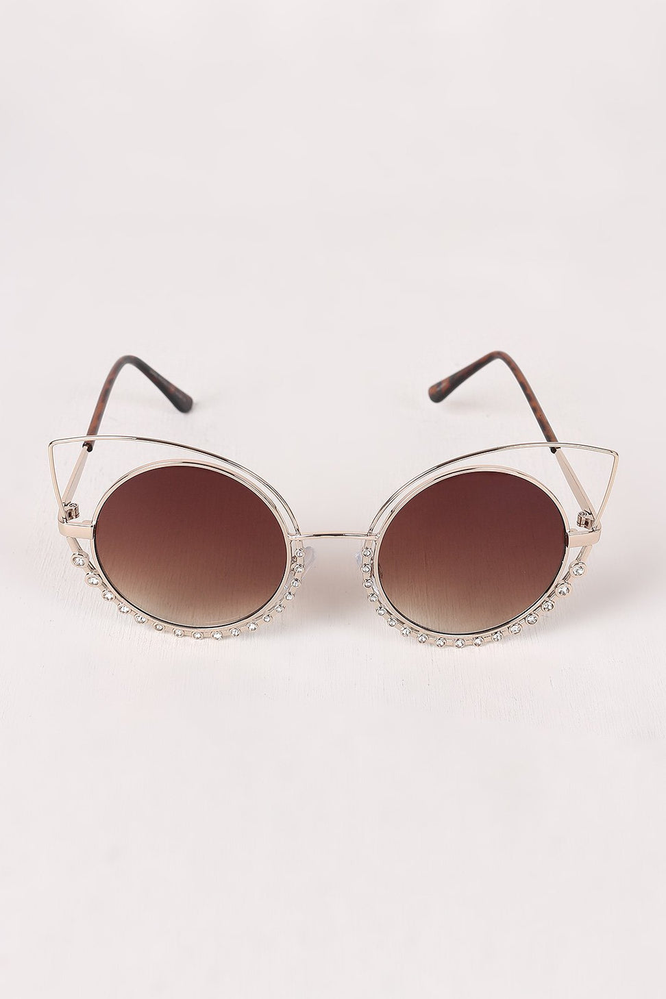 Open Wire Rhinestone Frame Round Cat Eyed Sunglasses
