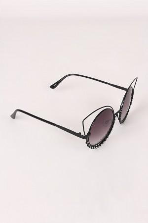 Open Wire Rhinestone Frame Round Cat Eyed Sunglasses