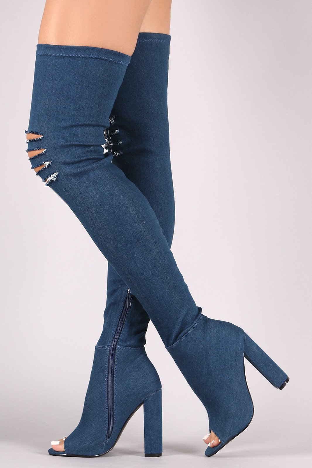 Fitted Ripped Denim Chunky Heeled Over-The-Knee Boots - NoveltyOne
