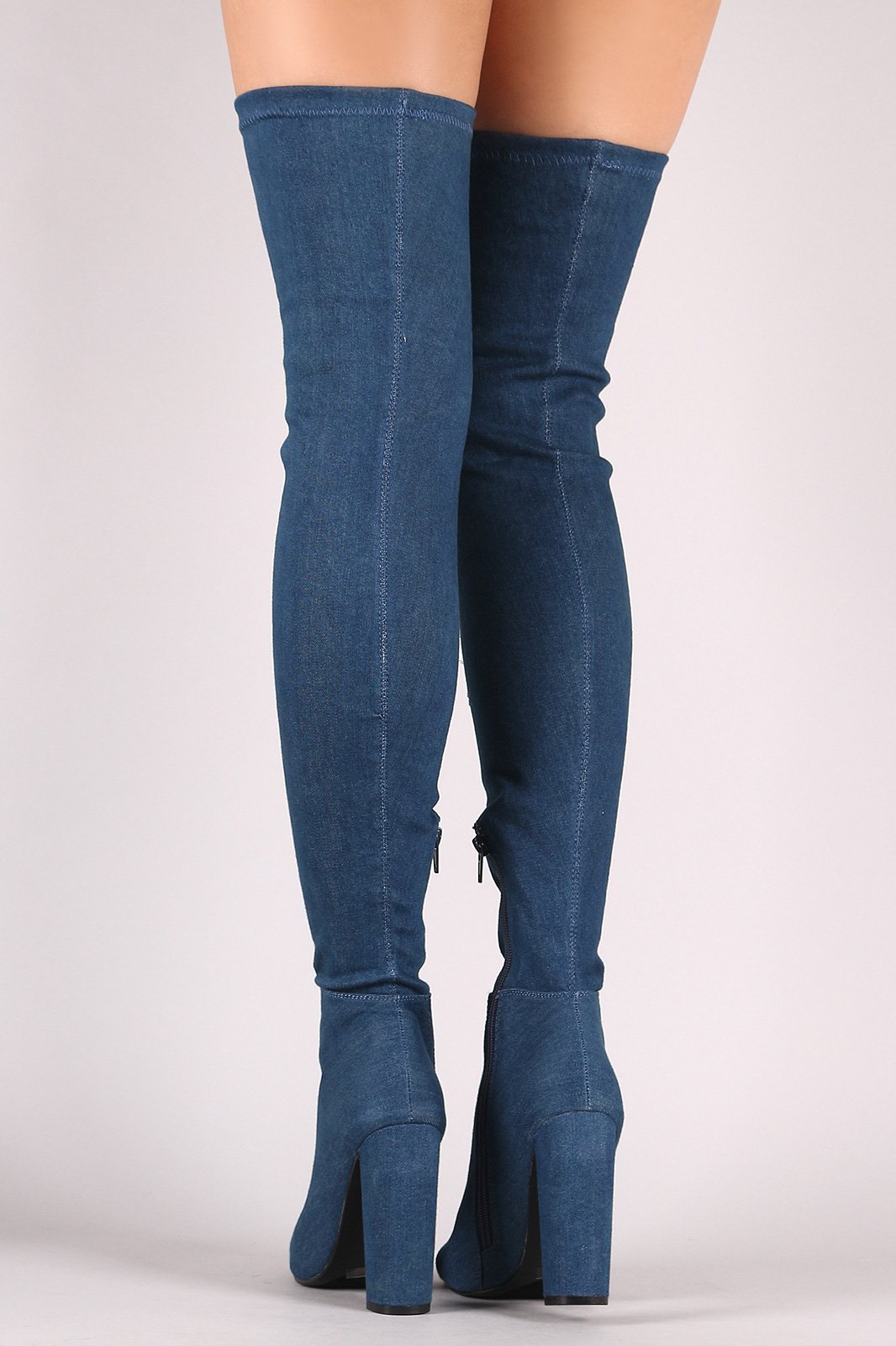 Fitted Ripped Denim Chunky Heeled Over-The-Knee Boots - NoveltyOne