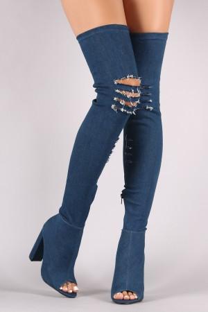 Fitted Ripped Denim Chunky Heeled Over-The-Knee Boots - NoveltyOne