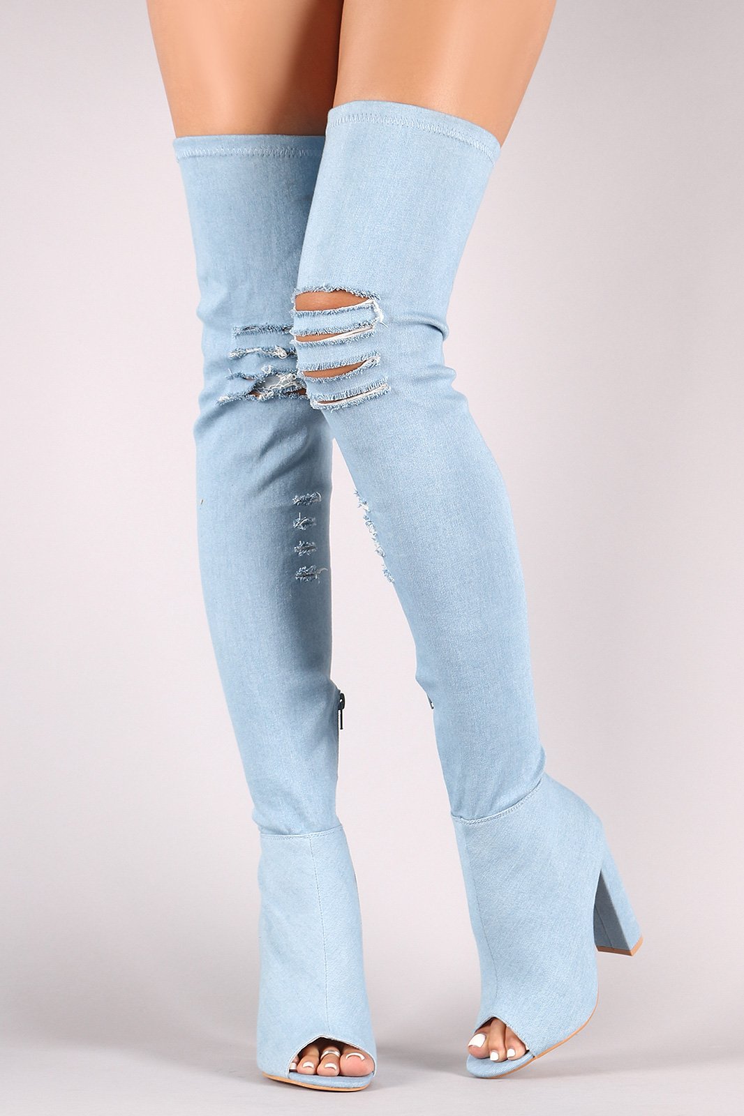 Fitted Ripped Denim Chunky Heeled Over-The-Knee Boots - NoveltyOne