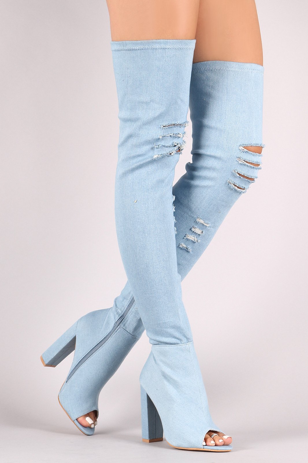 Fitted Ripped Denim Chunky Heeled Over-The-Knee Boots - NoveltyOne
