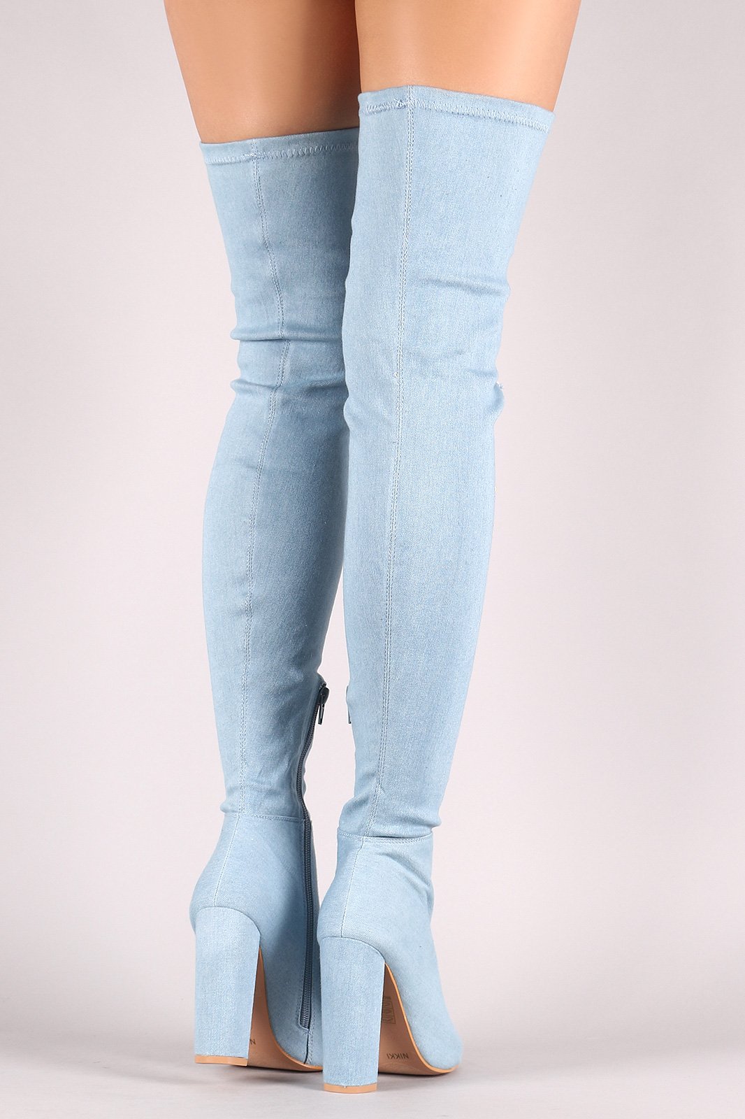 Fitted Ripped Denim Chunky Heeled Over-The-Knee Boots - NoveltyOne
