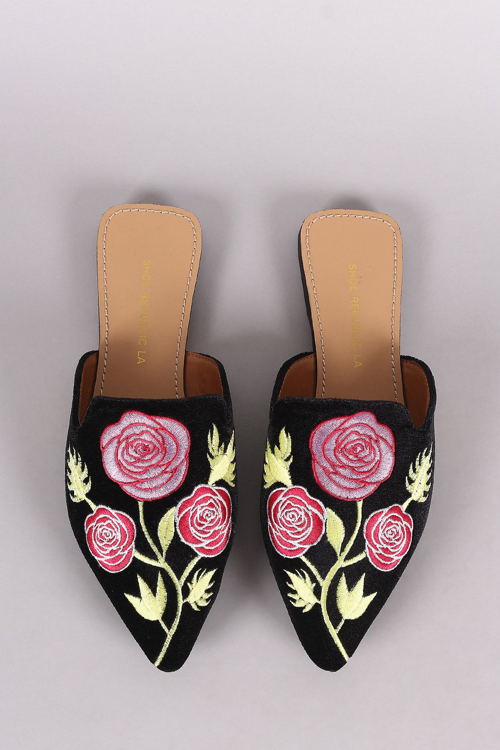 Shoe Republic LA Embroidery Floral Pointy Toe Mule Flat