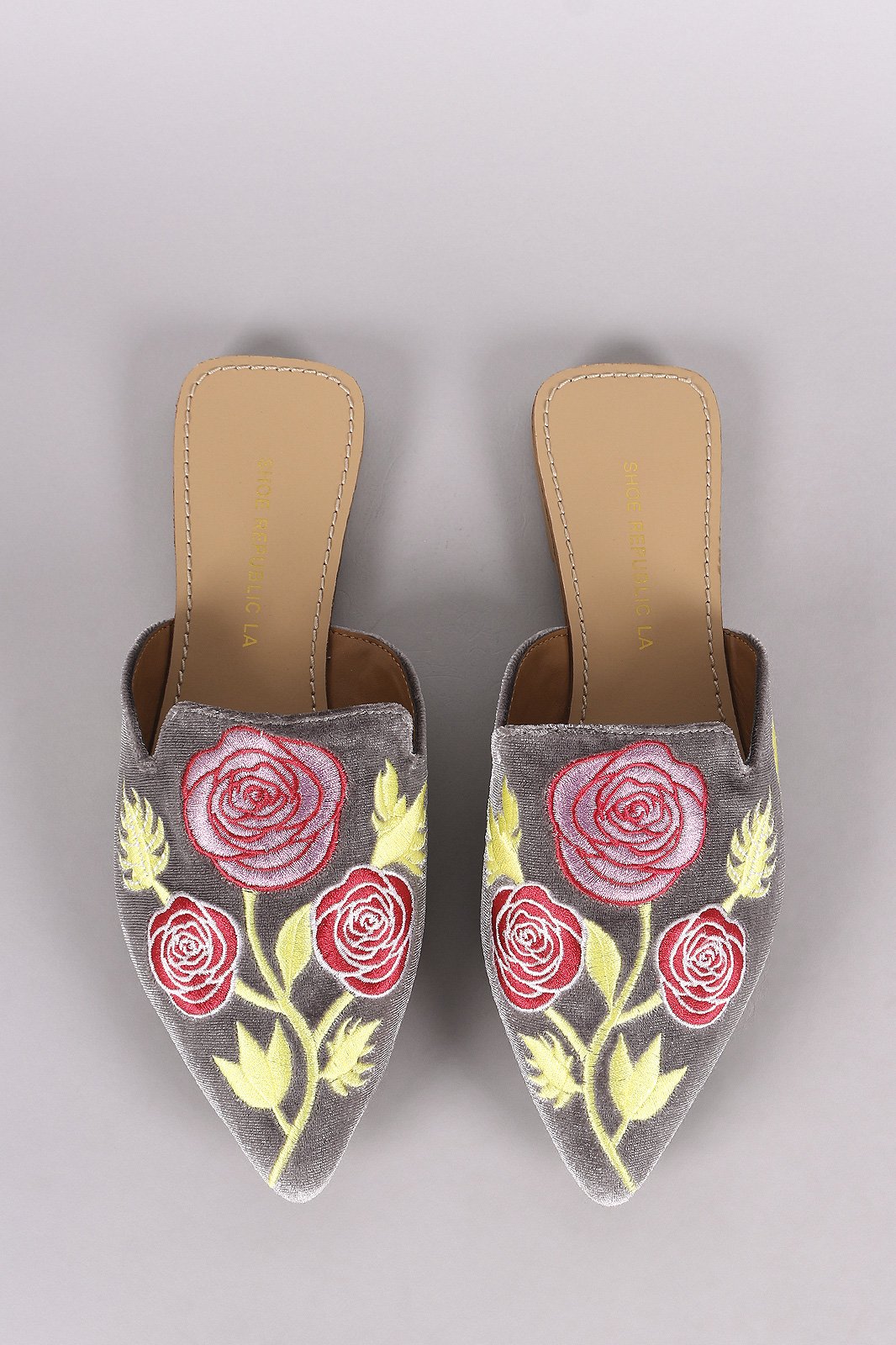 Shoe Republic LA Embroidery Floral Pointy Toe Mule Flat