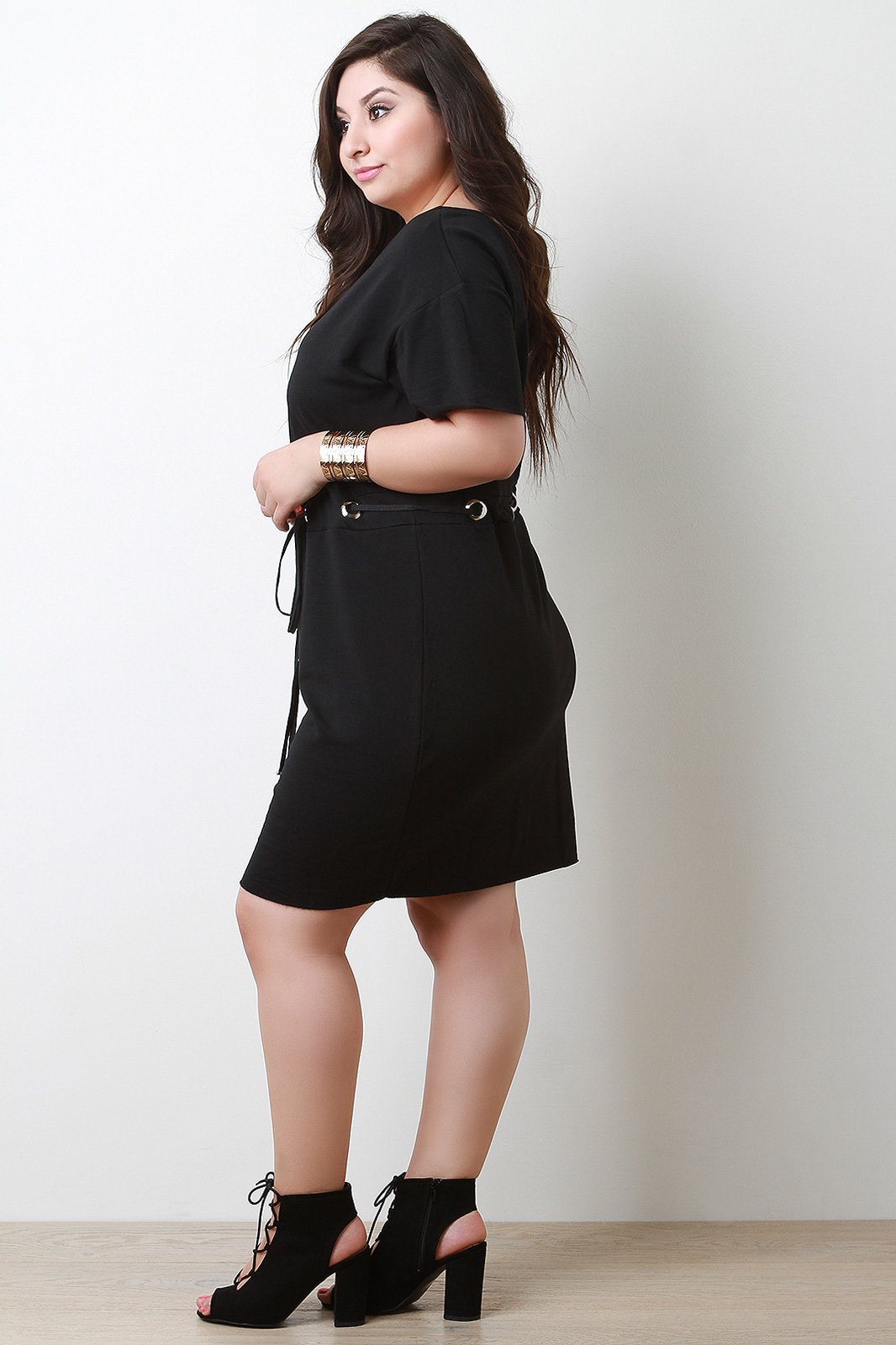 Boat Neck Grommet Embellished Midi Dress