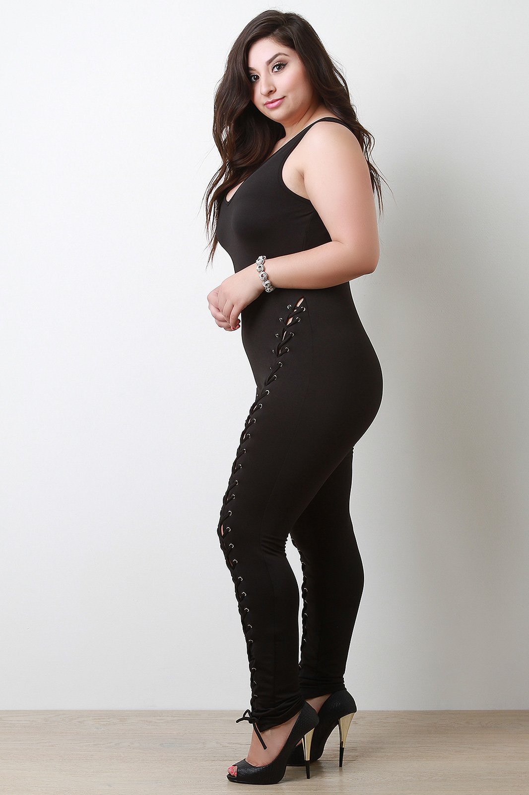 Sleeveless Eyelet Corset Front Lace-Up Jumpsuit