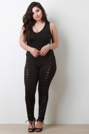 Sleeveless Eyelet Corset Front Lace-Up Jumpsuit