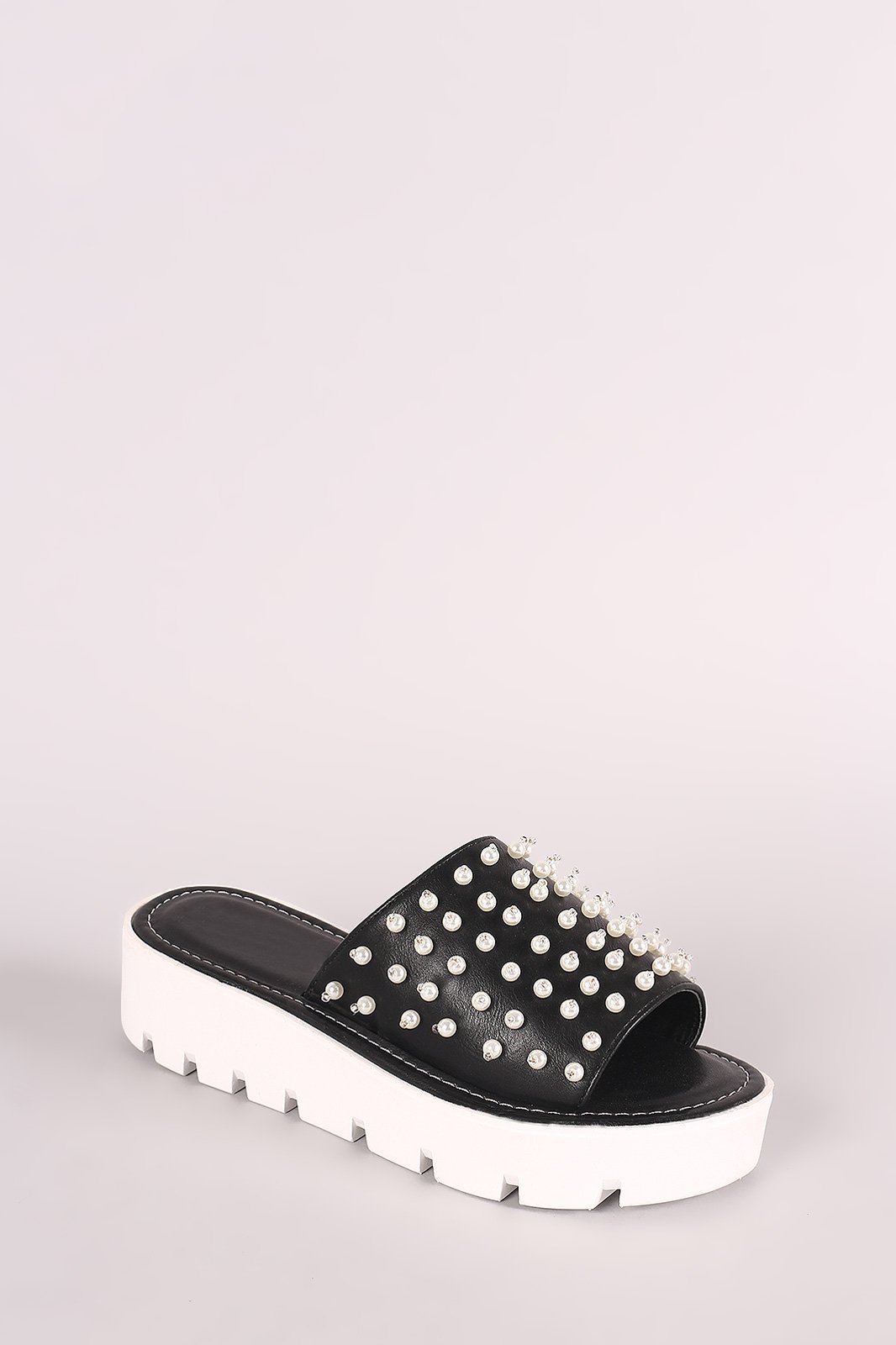 Faux Pearl Embellished Lug Sole Slide Flatform Wedge - NoveltyOne
