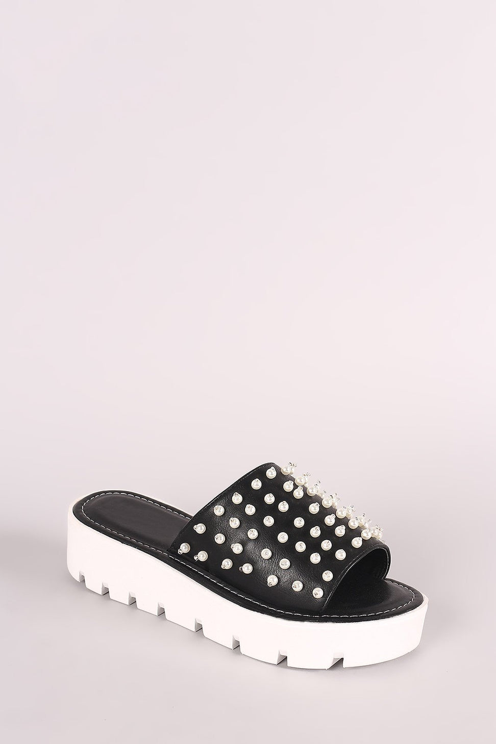 Faux Pearl Embellished Lug Sole Slide Flatform Wedge - NoveltyOne
