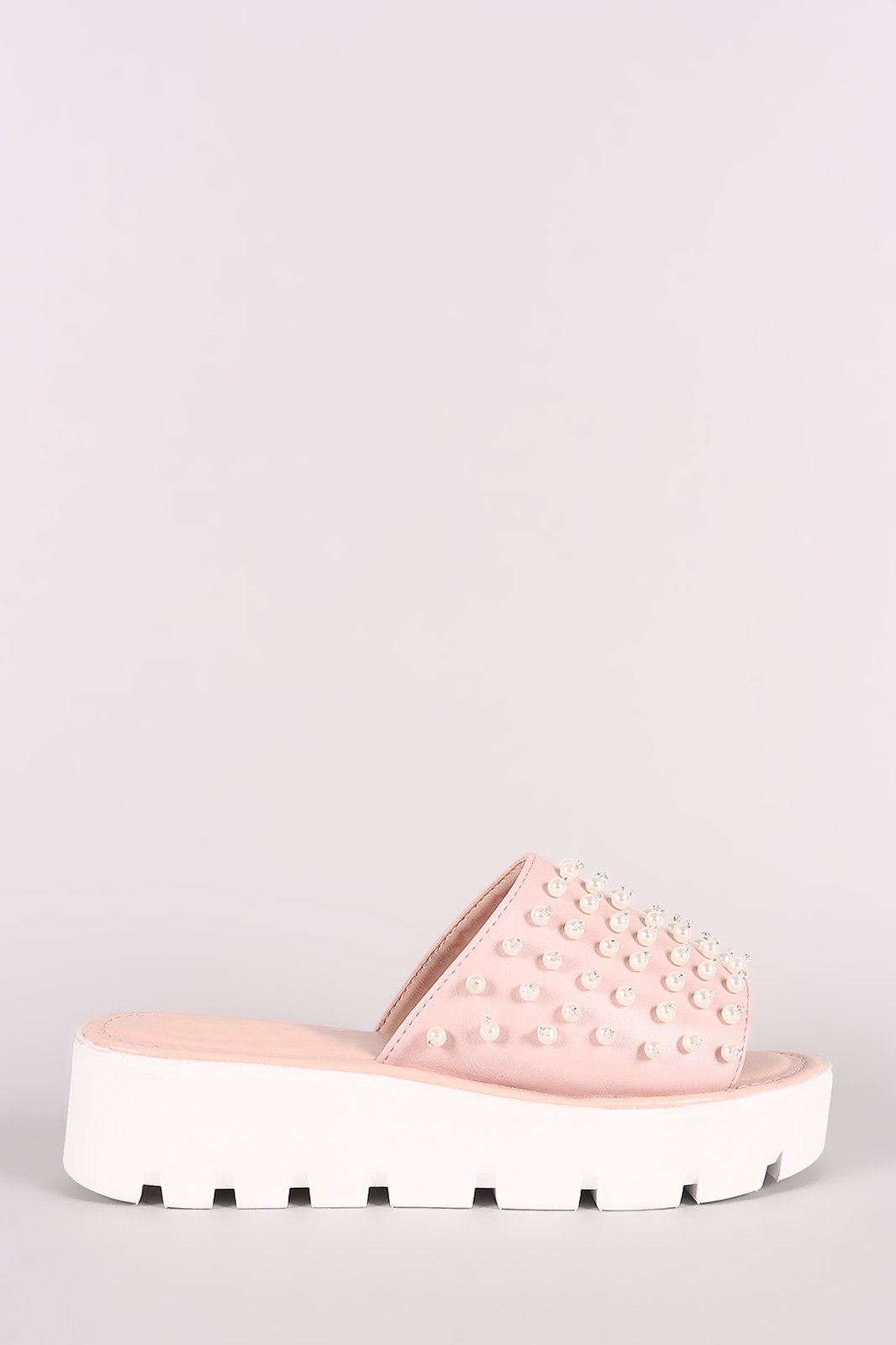 Faux Pearl Embellished Lug Sole Slide Flatform Wedge - NoveltyOne