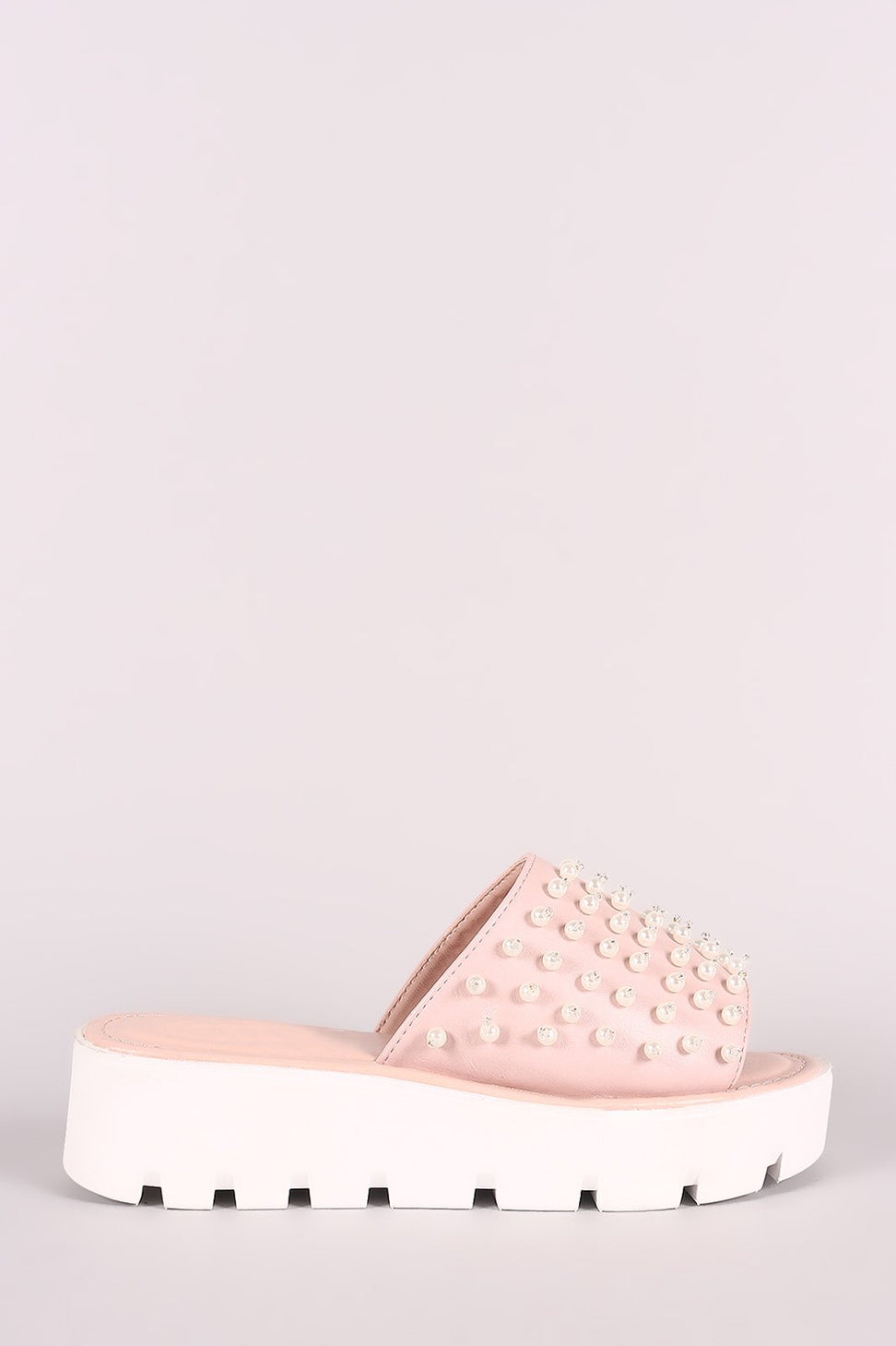 Faux Pearl Embellished Lug Sole Slide Flatform Wedge - NoveltyOne